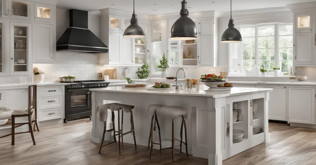 Biała kuchnia z czarnym blatem – idealna aranżacja mebli i podłogi dla wnętrza